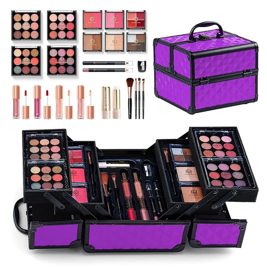 Color Nymph All in one Makeup Kit For Girls Teens, Makeup Set 4 Trays Spacious Space Train Case for Beginner with Eyeshadow Highlighter Lipgloss Blush Contour Concealer Brush Eyeliner Lipbalm