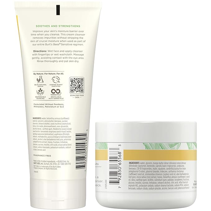 Burt’s Bees Sensitive Skin Bundle, Gentle Cream Facial Cleanser with Aloe and Moisturizing Face Cream with Aloe and Rice Milk, Natural Origin Skincare, 6 oz./3 oz.