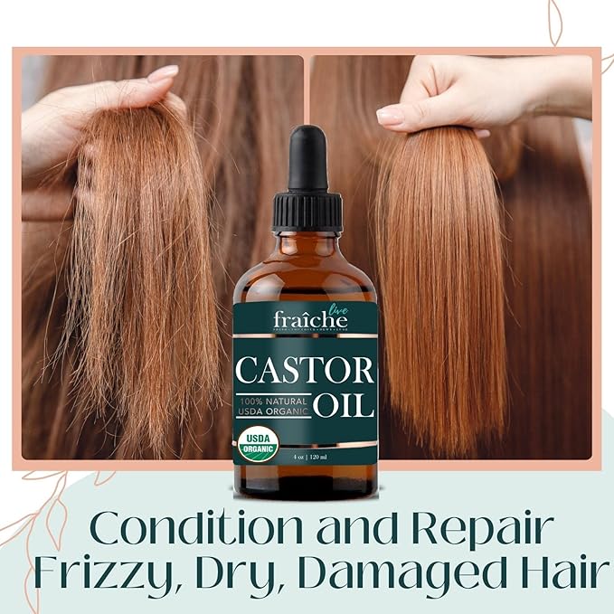 Live Fraiche Organic Castor Oil (4oz) + Filled Mascara Tube, 100% USDA Pure, Cold Pressed, Hexane Free Lash Serum Hair Growth Oil for Eyelashes, Eyebrows, Hair - Brow and Hair Treatment Oil