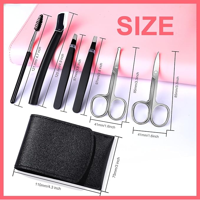 FANDAMEI Eyebrow Scissors, Eyebrow Kit, Eyebrow Tweezers for Women, Eyebrow Razor, Eyebrow Brush. Eyebrow Kit for Men with Leather Case. Eyebrow Scissors for Women Facial Hair Ingrown Hair Removal