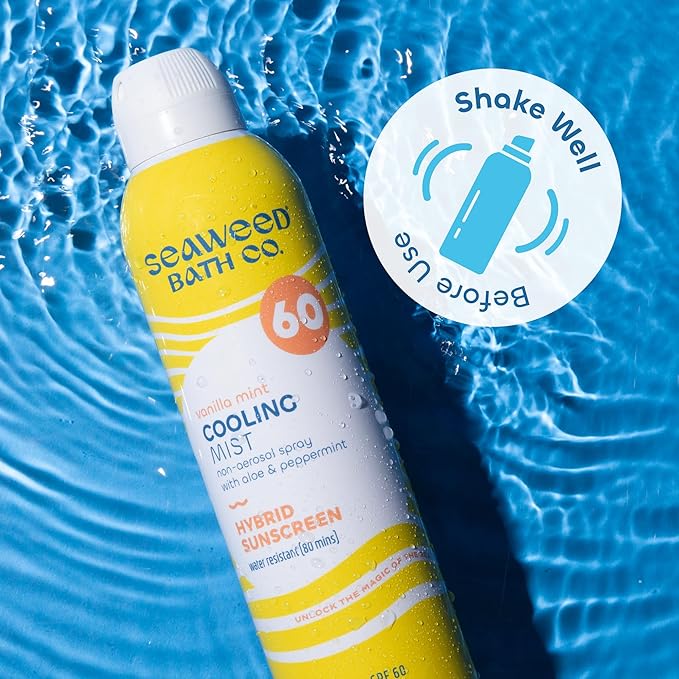 Seaweed Bath Co. Cooling Mist SPF 60 Sport Broad Spectrum Hybrid Sunscreen Spray, 6 Ounce (Pack of 2), Sustainably Harvested Seaweed, Aloe, Peppermint