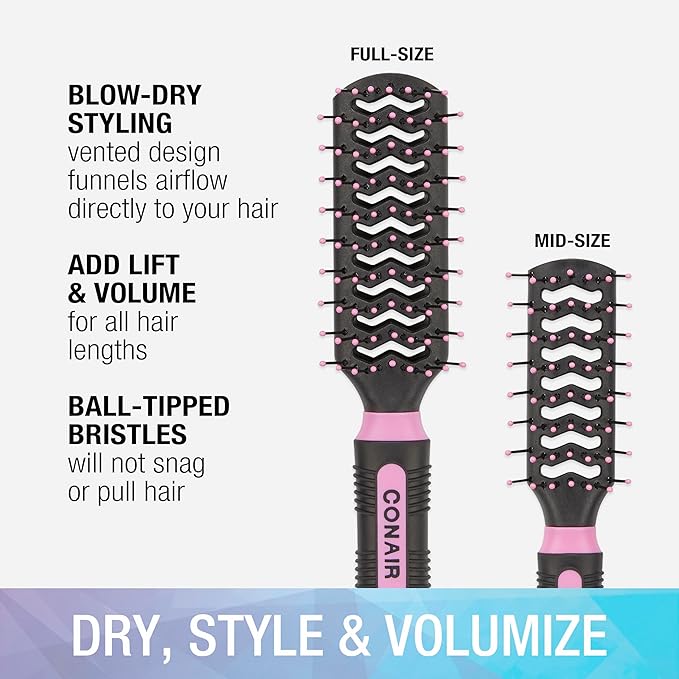 Conair Salon Results Vent Hairbrush Set - Detangling Hair brush - suitable for men and women - features Travel + Full-size - Pink/Black