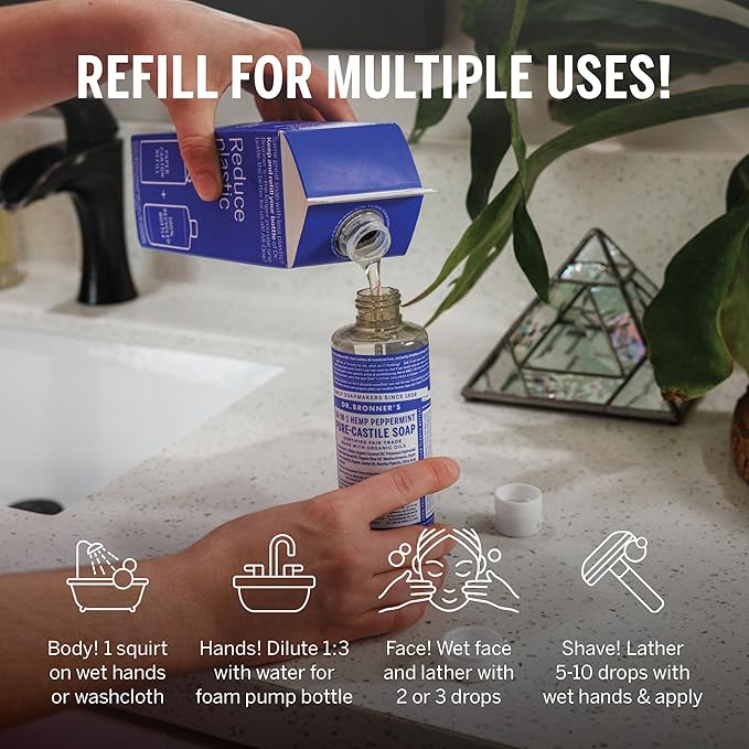 Dr. Bronner's Pure-Castile Liquid Soap Bottle & Refill Carton - Made with Regenerative Organic Certified Oils, 82% Less Plastic-18-in-1 Uses for Face, Body Wash, Hand Soap Refill- Peppermint, 32oz