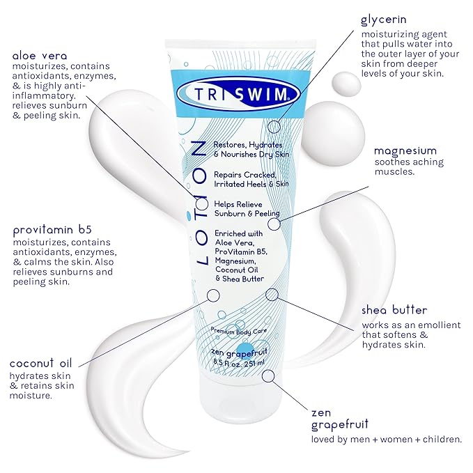 TRISWIM Swim Lotion 8.5oz | Neutralizes Chlorine, Bromine & Saltwater Odors | Hydrates & Soothes Dry Skin | Enriched with Aloe, Shea Butter & Coconut Oil | Zen Grapefruit Scent