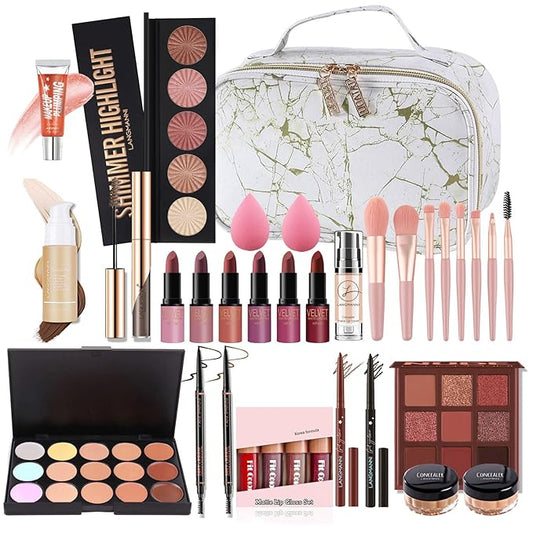 All-in-one Holiday Make up Gift Set | Makeup Kit for Women Full Kit Essential Starter Bundle Include Eyeshadow Palette Lipstick Blush Foundation Concealer Face Powder Mascara Lipgloss Brush