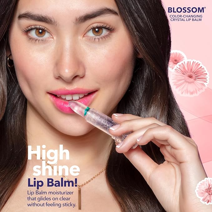 Blossom Moisturizing Custom Color Changing Crystal Lip Balm, Strawberry Scented, Lip Stain Tint, Infused with Real Flowers, 3g, Turquoise
