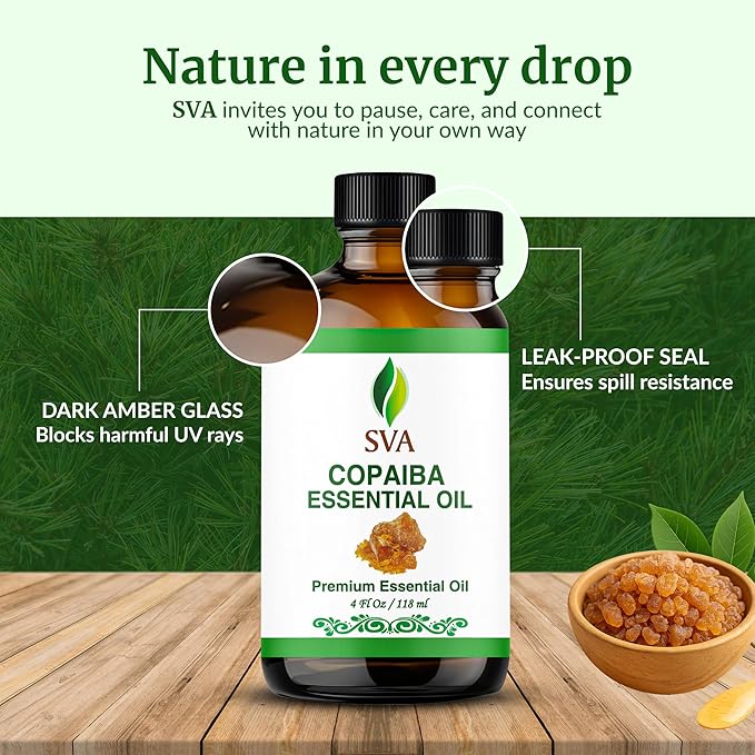 SVA Copaiba Essential Oil – 4 Fl Oz – 100% Natural Copaiba Oil - for Diffuser, Hair Care, Face, Skin Care, Aromatherapy, Scalp and Body Massage, Soap and Candle Making – with Dropper