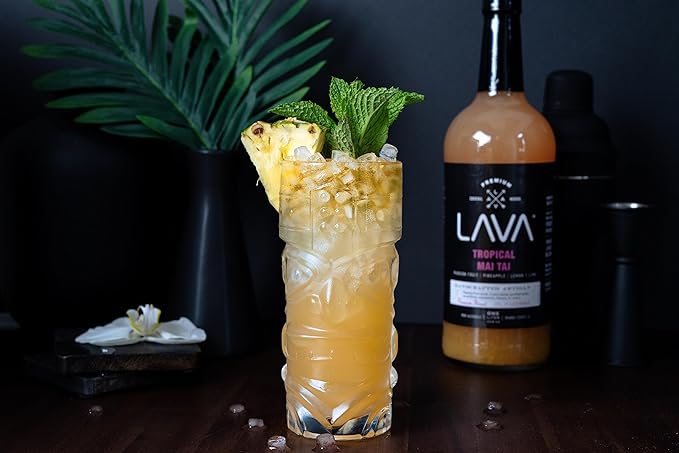 LAVA Premium Tropical Mai Tai Mix made with real passion fruit, pineapple, lemon and lime, no artificial sweeteners, 1-Liter (33.8oz) Glass Bottle, Ready to Use.