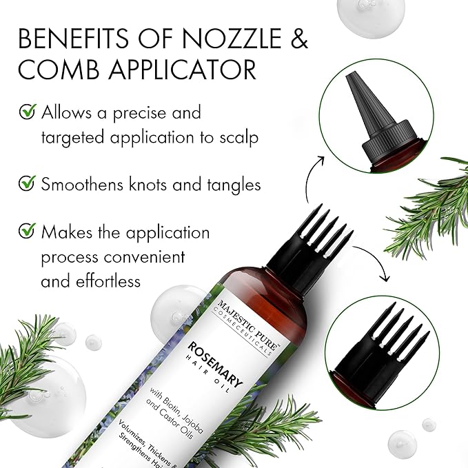 Majestic Pure 100% Pure Rosemary Oil with Biotin for Hair Care, Strengthening, Nourishing, and Volumizing Formula with Jojoba Oil and Castor Oil - Non GMO Verified, 198 ml