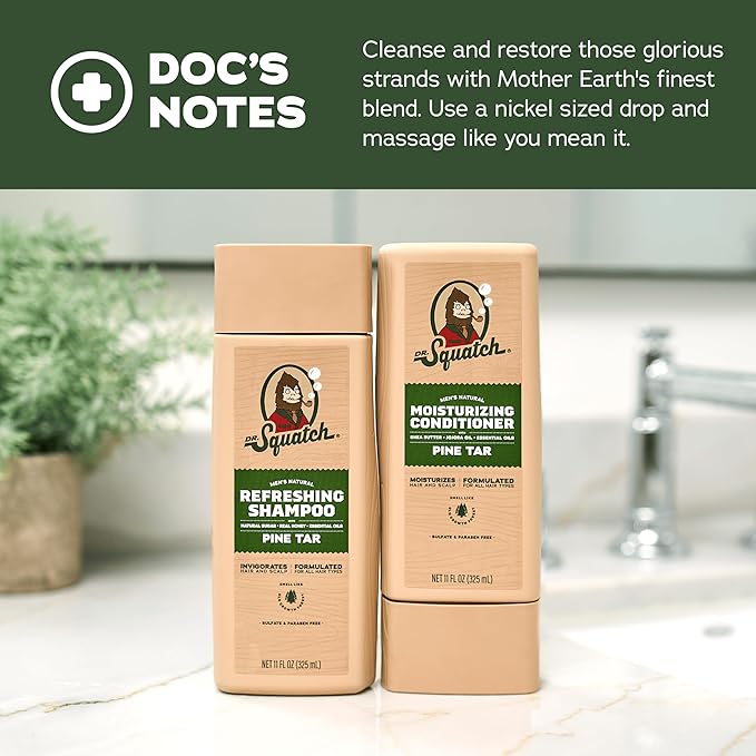 Dr. Squatch Natural Hair Bundle for Men - Healthy, Full Looking Hair - Pine Tar Shampoo (11 fl oz), Pine Tar Conditioner (11 fl oz)