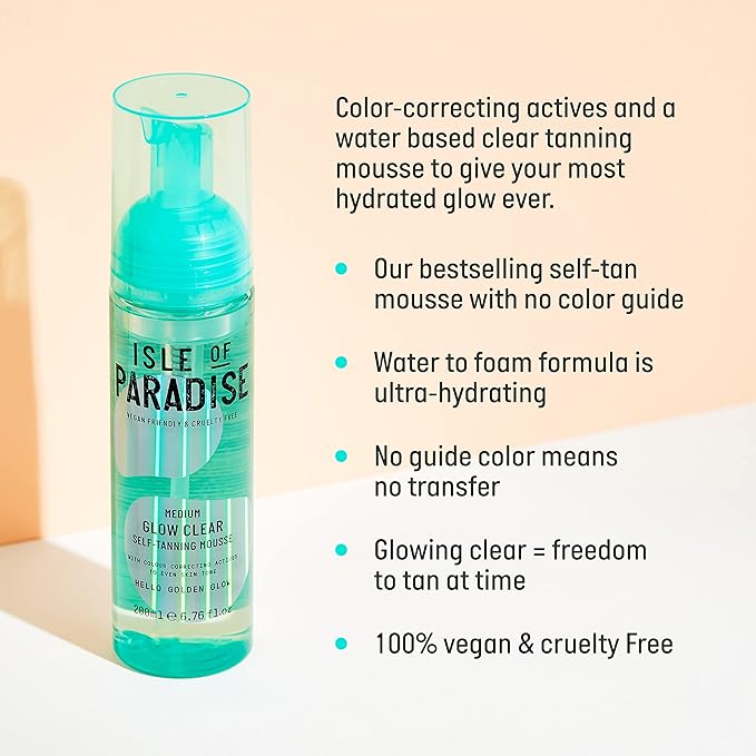 Isle of Paradise Glow Clear Self-Tanning Mousse, Medium (Golden Glow) - Red Cancelling and Color Correcting Tanning Foam, Vegan and Cruelty Free, 6.76 Fl Oz