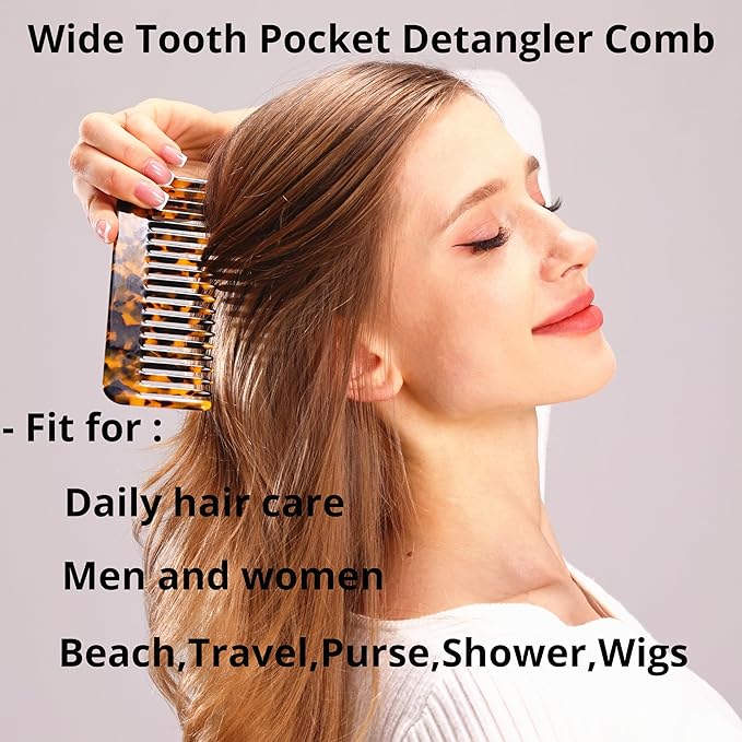 Fsmiling Hair Detangling Comb, Small Travel Purse Wide Tooth Pocket Comb for Thick Curly Wavy Hair, Acetate Hair Detangler Comb for Wet And Dry, 2 Pack