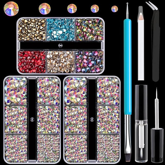 Colorful Face Gems for Makeup Set, Flatback Gorgeous Glass AB Gems+Mixed-Colored Crystals with Picker Pencil, Makeup Glue, Dual-End Dotting Tool, Tweezer for Eye Body Hair Make-up and Nail Art Deco