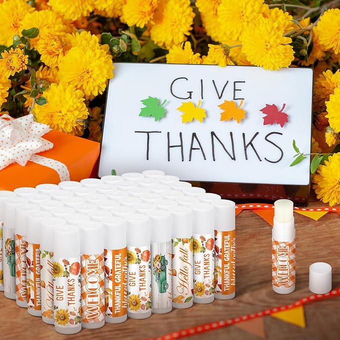 50 Pack Hello Fall Thanksgiving Party Gifts Favors Bulk Lip Balms Gifts Small Thank You Appreciation Gifts Thanksgiving Christmas Stuffers for Women Men Staff Coworkers