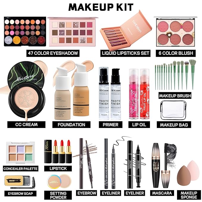 Makeup Set Makeup Set for Women Girls Teens Full Kit, Makeup Present Set for Beginners and Professionals Include Eyeshadow Palettes, Foundation, CC Cream, Liquid Lipsticks Set