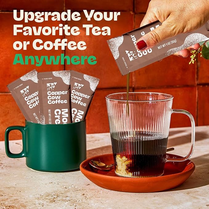 Copper Cow Coffee Sweetened Mocha Milk Creamer Singles (24 pack) | Vietnamese Inspired Coffee Creamer, All Natural Creamer Packets for Pour Overs & Lattes | No Refrigeration Needed