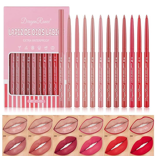 12 Colors Lip Liner Combo, Matte Lipstick Lip Liner Set, long-lasting Lip Pencil Waterproof & Non-Stick Cup, Smooth Texture High Pigmented Natural Lip Pen Makeup Gift