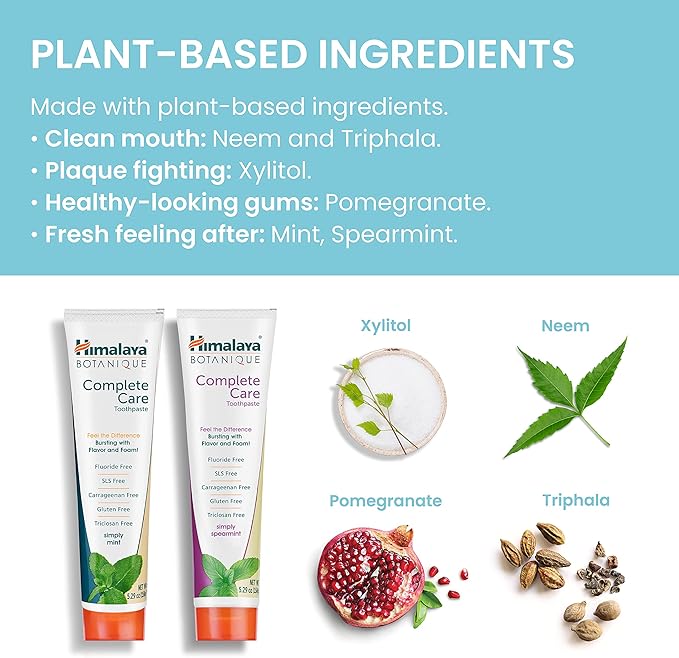 Himalaya Botanique Complete Care Toothpaste, Mint and Spearmint - Fluoride Free Toothpaste for Clean Teeth & Fresh Breath - Vegan, Gluten Free, No Artificial Flavors, 5.29 oz (Pack of 2)