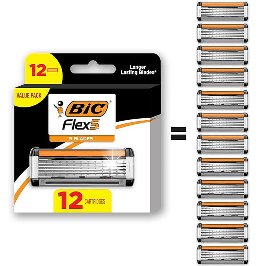 BIC Flex 5 Refillable Men's Razor, Ideal Head Shavers for Bald Men, 12 Refill Cartridges, 5 Blade Razors for a Close Shave