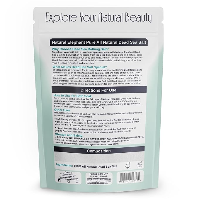 Natural Elephant Dead Sea Bath Salt | 1 Pound Bag (16oz) | 100% Natural and Pure| Fine Grain | Ideal for Baths and Soaks