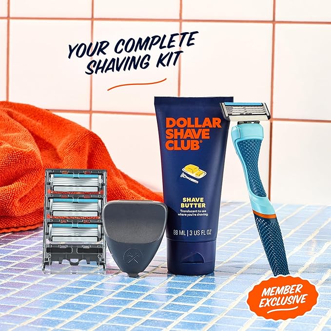 Dollar Shave Club | The Member Exclusive Shave Set | 4 Swift Rinse Refill Cartridges, 1 Handle (Blue), 1 Shave Butter 3 ounce, 1 Razor Cover