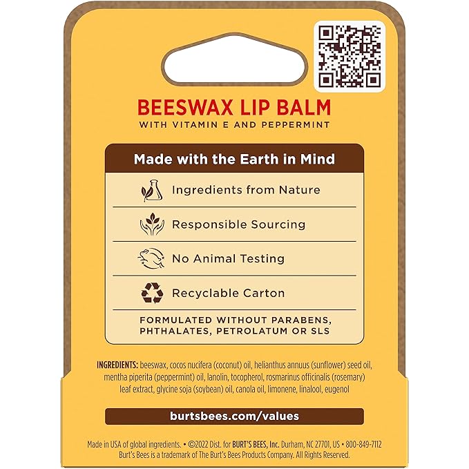 Burt's Bees Beeswax Lip Balm, Lip Moisturizer With Responsibly Sourced Beeswax, Tint-Free, Natural Conditioning Lip Treatment, 1 Tube, 0.15 oz.