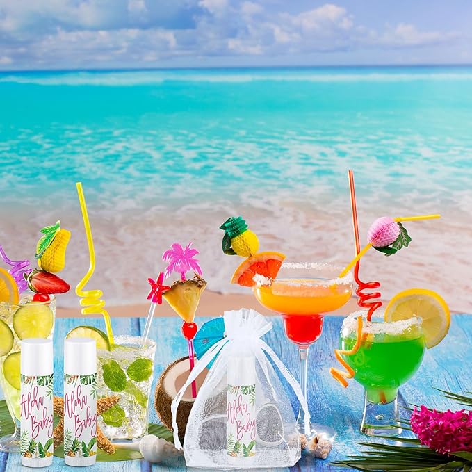 Demissle 50 Pcs Baby Shower Lip Balm Gift Set with 100 Pcs Organza Bags Baby Shower Party Favor for Guest Thank You Tag Rope Baby Shower Party Decoration Gender Reveal Souvenirs (Tropical)