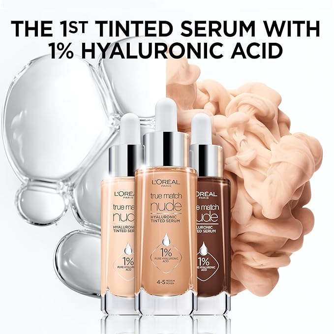 L'Oreal Paris True Match Nude Hyaluronic Tinted Serum Foundation with 1% Hyaluronic acid, Light-Medium 3-4, 1 fl. oz.