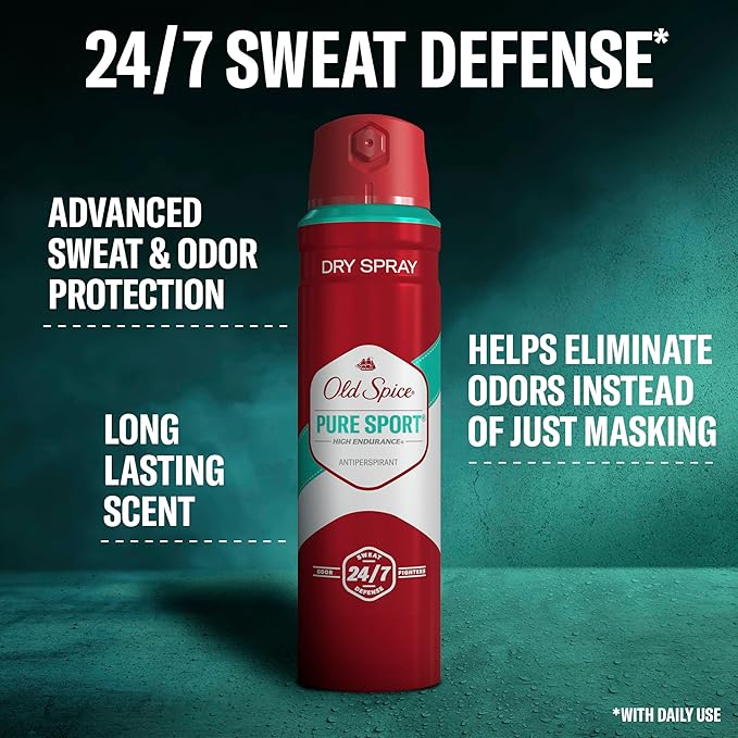 Old Spice Dry Spray Antiperspirant Deodorant for Men, High Endurance, 24/7 Sweat Defense & Odor Protection, 24/7 Freshness & Lasting Scent, Pure Sport Scent, 4.3 oz (Pack of 3)