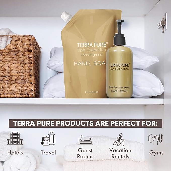 Terra Pure Spa Collection 1 Liter Hand Wash Refill Bag For Soap Dispensers | Bulk Toiletries for Vacation Rentals, and Home Bathroom Showers | Green Tea Lemongrass | Single