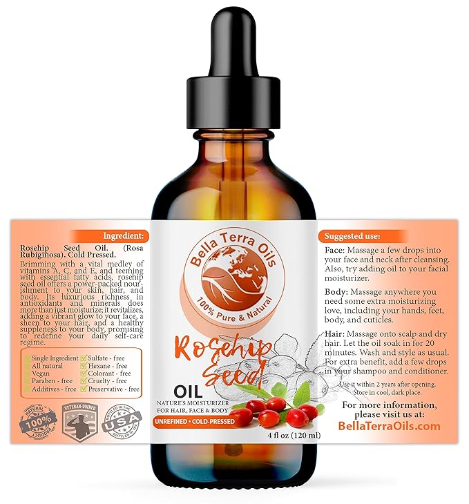 Bella Terra Oils Organic Rosehip Oil for Face, Pure Cold-Pressed Rose Hip Seed Oil for Skin & Hair, Natural Moisturizer & Anti-Aging Facial Oil