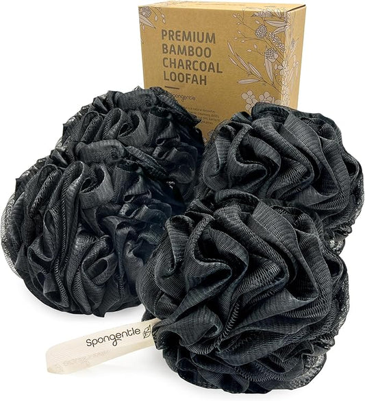 Spongentle Charcoal Bamboo Premium Deep Cleansing Loofah Sponge for Radiant Skin, Pack of 4, Bath and Shower, Exfoliating Body Scrubber, Beautiful Colors for Women and Men
