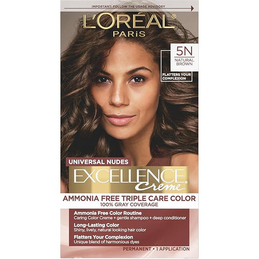 L’Oreal Paris Excellence Universal Nudes Permanent Hair Color, Ammonia Free Hair Dye for Gray Hair Coverage, 5N Natural Brown, 1 Hair Dye Kit