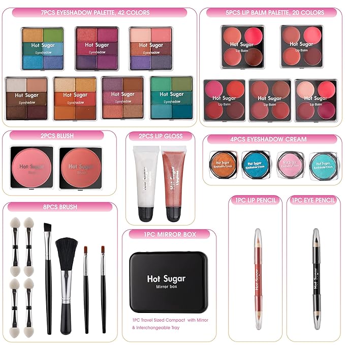 Hot Sugar Teen Makeup Kit for Girls 10-13 Full Starter Cosmetics Set with Eye Shadow Lip Balm Blush Lip Gloss Brush Lip Pencil Eye Pencil and Mirror (GREEN HOUNDSTOOTH)
