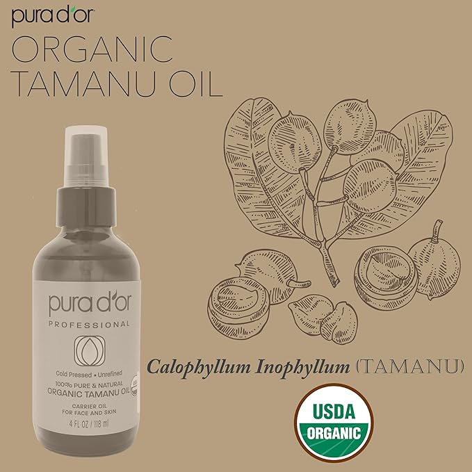 PURA D'OR 4 Oz Organic Tamanu Oil - USDA Certified 100% Pure & Natural Cold Pressed Carrier Oil, Premium Grade Moisturizer For Skin & Hair - Men & Women