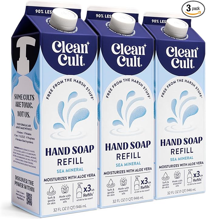 Cleancult - Liquid Hand Soap Refills - Sea Minerals - Gentle On Sensitive Skin - Made with Aloe Vera & Essential Oils - Eco Friendly - Paper-Based Packaging - 32 oz/3 Pack