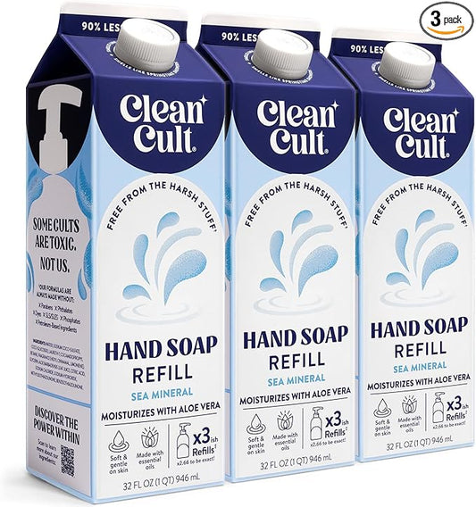 Cleancult - Liquid Hand Soap Refills - Sea Minerals - Gentle On Sensitive Skin - Made with Aloe Vera & Essential Oils - Eco Friendly - Paper-Based Packaging - 32 oz/3 Pack