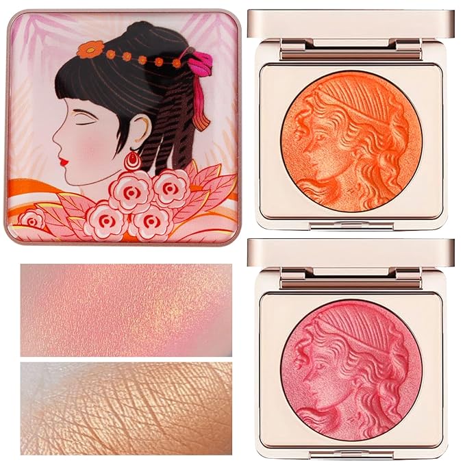 Embossed Smooth Powder Blush Palette for Cheeks, Powder Palette (Pink+Orange)