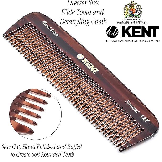 Kent 12T Wide Tooth Detangling Comb - Handmade Pocket Grooming Tool for Thick, Curly, Wavy Hair, Beards and Mustaches - SawCut and Hand Polished