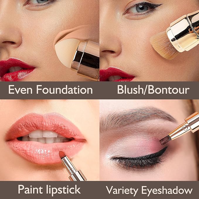 kullder 4 in 1 Makeup Brush Travel Makeup Brushes Blend Sponge, Eyebrow, Eyeshadow & Blush Brushes for Foundation Concealer Double Ended Makeup Brush with Powder Puff Women Ideal Gifts