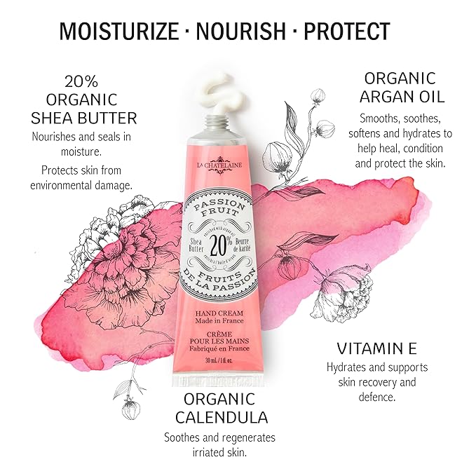 La Chatelaine 20% Shea Butter Hand Cream Travel Size, Organic Argan Oil, Moisturizing, Nourishing, Repairing, Extra-Rich Hand Lotion, Made in France, Paraben Free, 1 oz / 30ml (Passion Fruit)