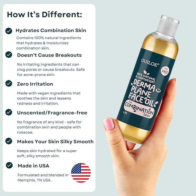 Dermaplane Oil, Face Shaving Oil for Women with Combination Skin - Lightweight & Natural Facial Shave Oil - Use with a Dermaplaning Tool, Razor, Shaver or Microblade for Close Shave 4 oz by Ouiloe