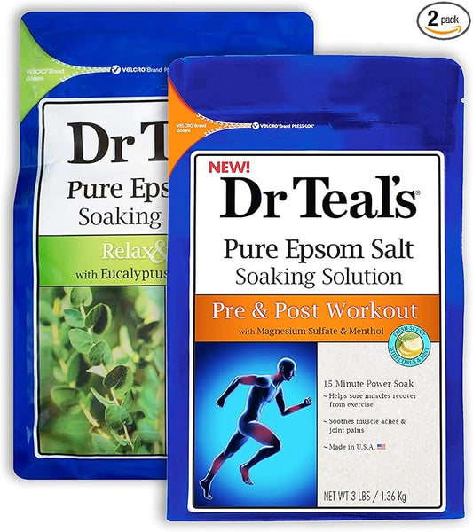 Dr Teal's Epsom Salt Bath Combo Pack (6 lbs Total), Relax & Relief with Eucalyptus & Spearmint, and Pre and Post Workout with Magnesium Sulfate and Menthol