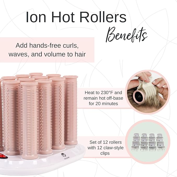 CALISTA Ion Hot Rollers for Long Hair | Hair Roller Clips Included | Heats to 230°F | Dual Voltage | Add Hands-Free Curls, Waves, and Volume (Pink, Long - 12)