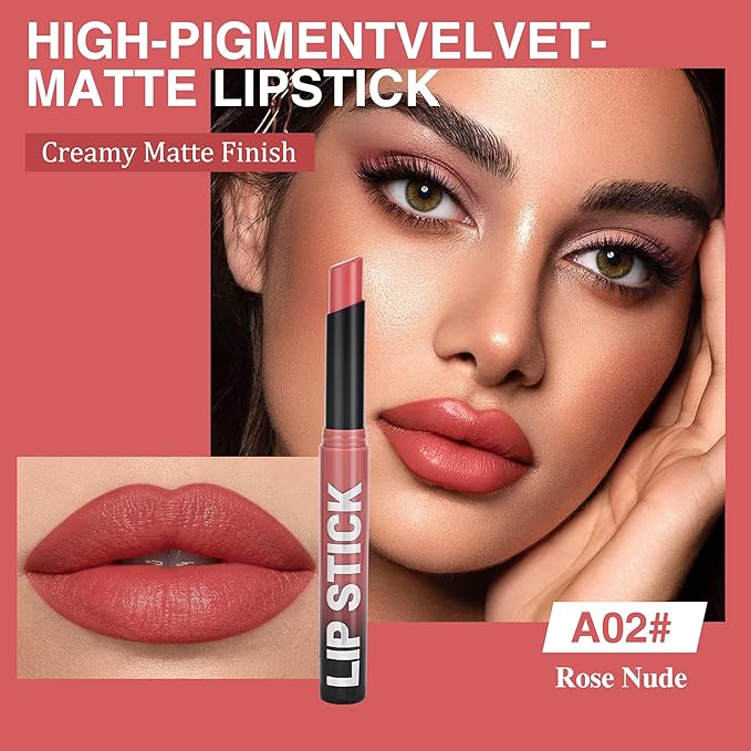 Peach Nude Matte Lipstick，Creamy Silky Matte+Lipsticks，Hydrating Balm-in-Lipstick，Velvety Finish for Women Daily Lip Makeup，High-pigment Formula，Easy to use and color，Vegan & Cruelty-Free 02#