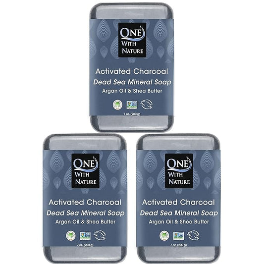 One With Nature Activated Charcoal Soap 7oz 3-Pack – Detoxifying and Exfoliating Charcoal Soap Bar with Dead Sea Salt for Face & Body, for Men & Women