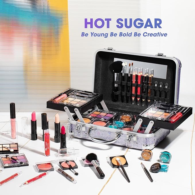 Hot Sugar Makeup Kit for Girls 10-12, Teen Girls Makeup Set for Beginners With Eye Shadow Palette, Blush, Lip Gloss, Brush, Mirror (Colored Bubble)