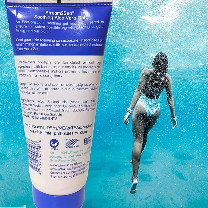 STREAM 2 SEA Soothing Aloe Vera Gel, Reef Safe Paraben Free All Natural Underwater Sting and Sunburn Relief, After Sun Care for Face and Body Easy to Absorb Hydration Moisturizing Formula, 6 Fl oz