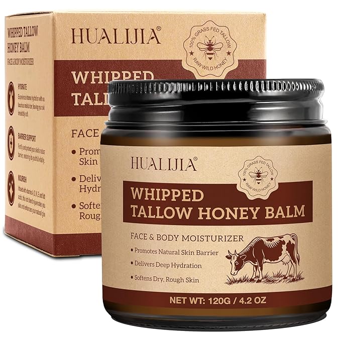 Organic Beef Tallow for Skin, Tallow Face Moisturizer, Tallow and Honey Balm, Grass-Fed Whipped Beef Tallow and Honey Cream, Deeply Moisturizing for Face & Body, Suitable for Dry & Aging Skin,4.2 oz