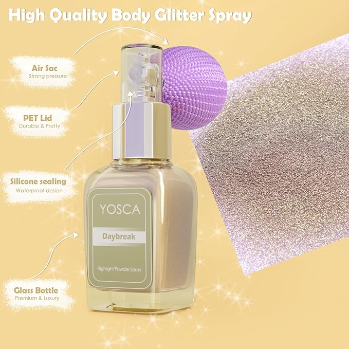 Highlighter Powder Spray, 20ML Cosmetic Grade High Gloss Body Shimmer Powder Fairy Dust Highlighter Sparkle Face Makeup Setting Magic Diamond Glitter Spray Shimmer Face Body Skin Hair Clothes